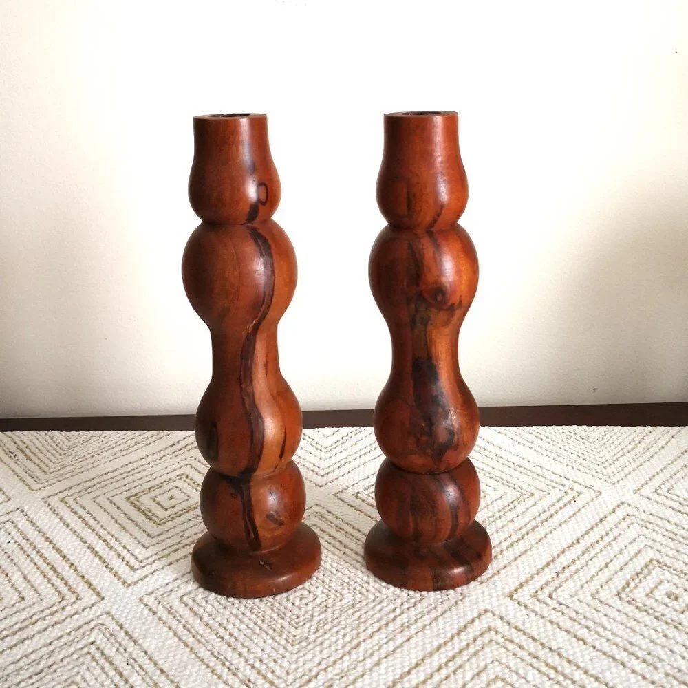 Pair‎ of Hearth & Hand Magnolia Joanna Gaines Wood Hand Turned Candleholders 9
